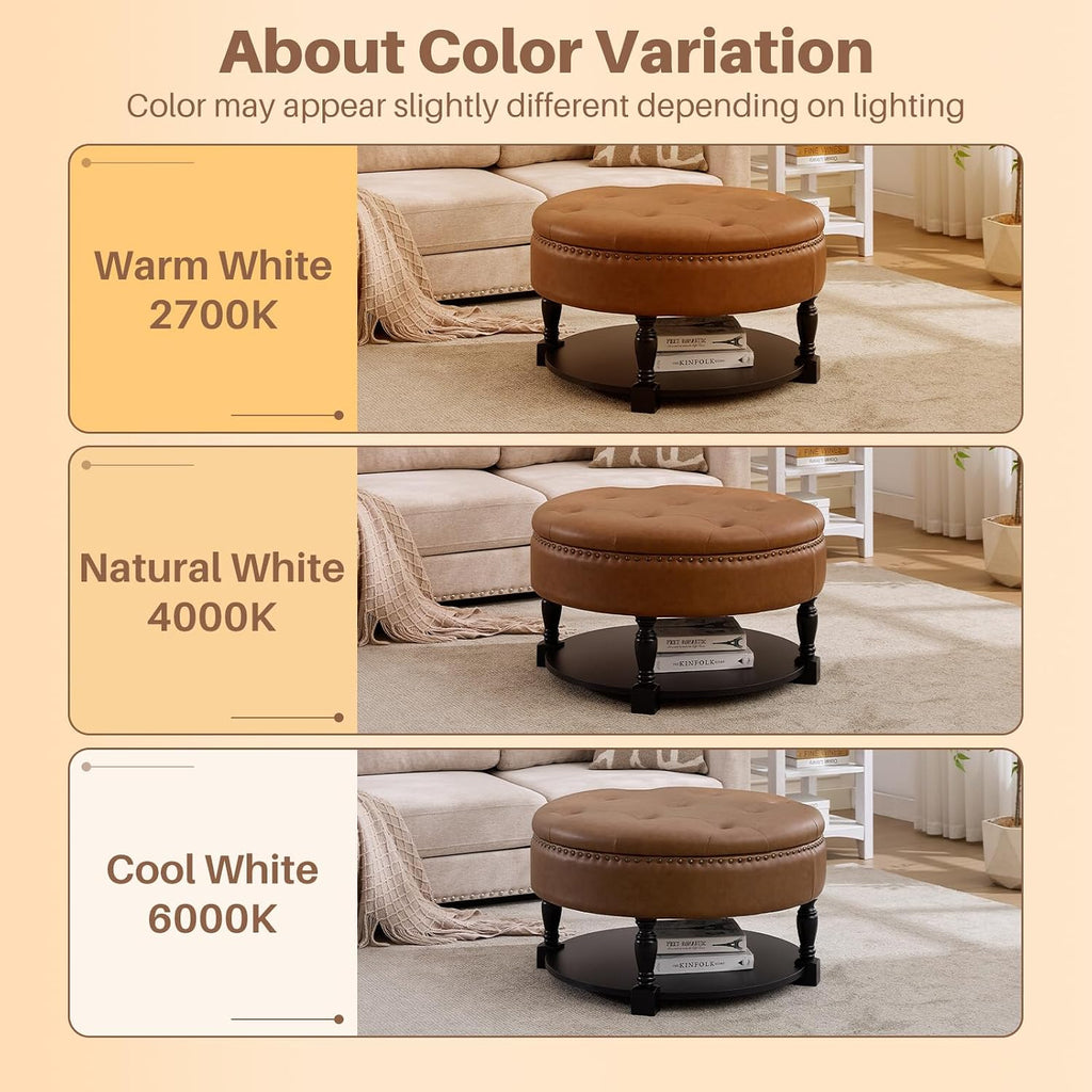 31.5 Inch Large Round Storage Ottoman with Wood Shelf Multifunctional Coffee Table Ottoman Round Storage Bench with Bottom Open Shelf for Living Room Bedroom Entryway Brown PU Leather