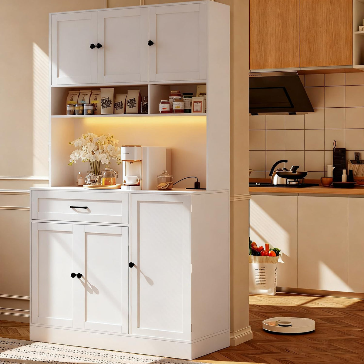 FJTJBSI 72" Kitchen Pantry Cabinet with Charging Station and LED Light Tall Pantry Storage Cabinet with Adjustable Shelves Freestanding Kitchen Hutch with Countertop for Dining Room White