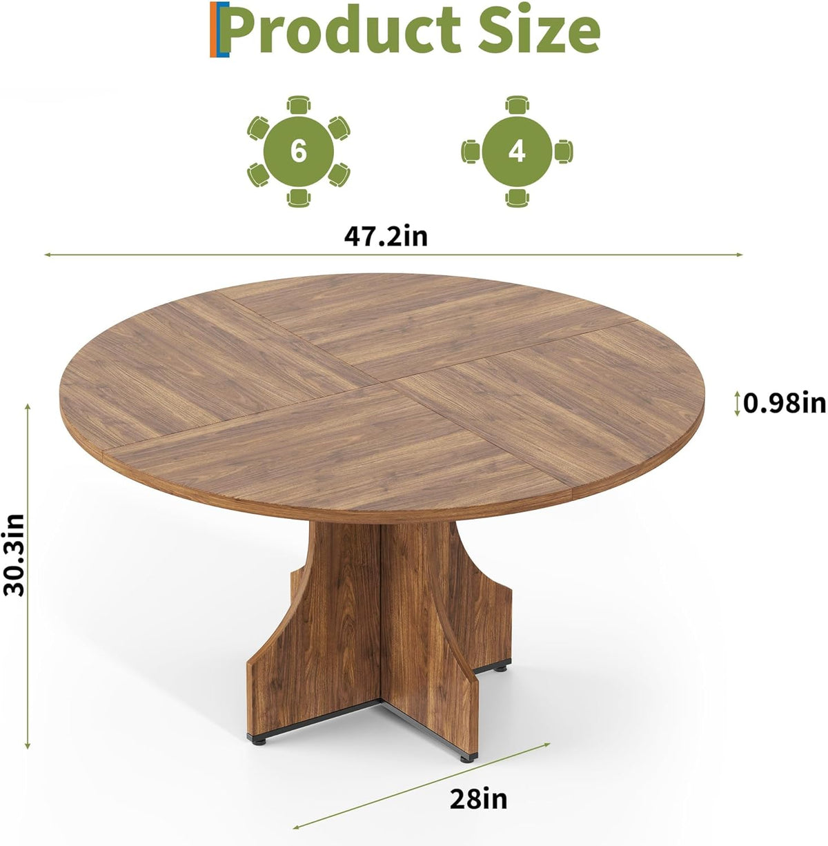 Round Dining Table 47 Inch for 4-6 People, 0.98 Inch Thick Tabletop with Adjustable Feet, Sturdy Legs, Easy to Clean & Assemble, Modern Kitchen Dining Room Table for Small Space Apartment, Walnut Wood