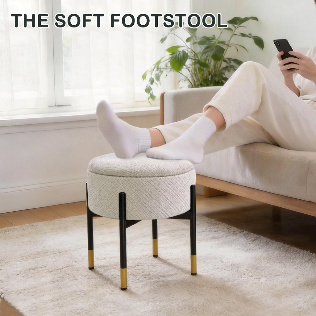 CAROLMADE Round Ottoman with Storage, Velvet Makeup Vanity Stool, Small Ottoman Foot Stool with Coffee Table and Metal Legs for Living Room, Bedroom and Dorm, Beige