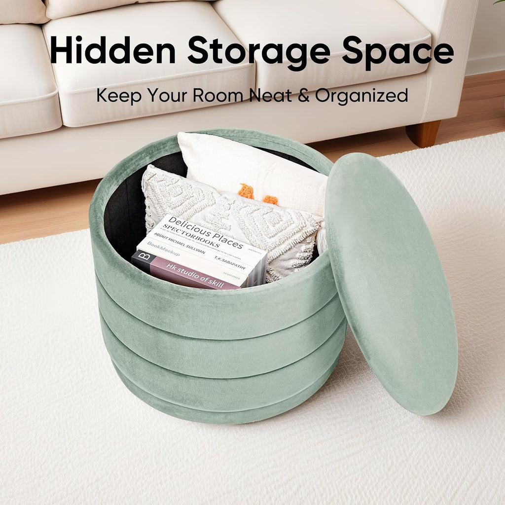 23" Round Velvet Storage Ottoman with Reversible Lid, Soft Padded Footrest and Hidden Storage, Large Upholstere Tray Top Ottoman Footstool for Living Room, Bedroom, Entryway, Sage Green