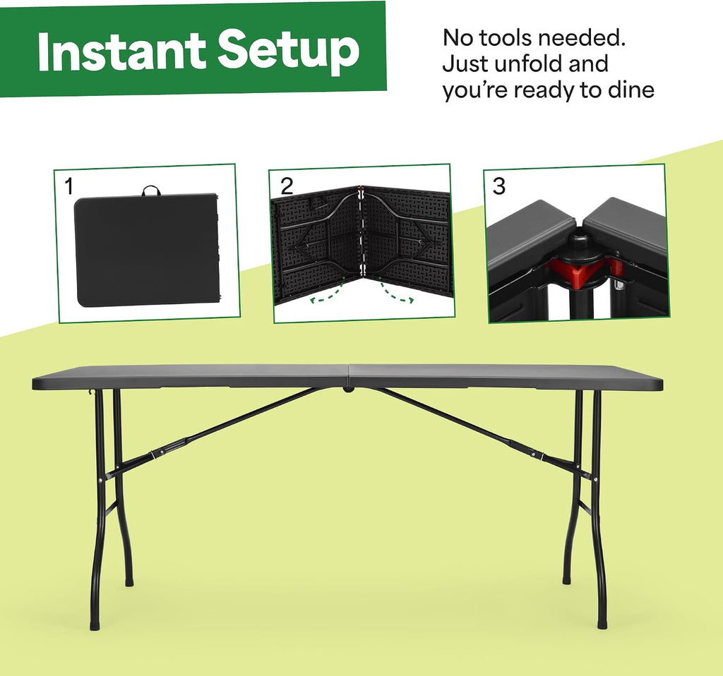 EconoHome Black 6ft Folding Table with Handle | Heavy-Duty Foldable Table | Portable Table for Indoor & Outdoor Use | Perfect for Events, Camping, Parties, Dining & More
