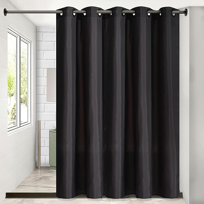 Furlinic No Hooks Needed Black Shower Curtain or Liner,Polyester Fabric Bathroom Curtains with 6 Split Grommets,Waterproof & Machine Washable,Stall Size,48x78 Inch