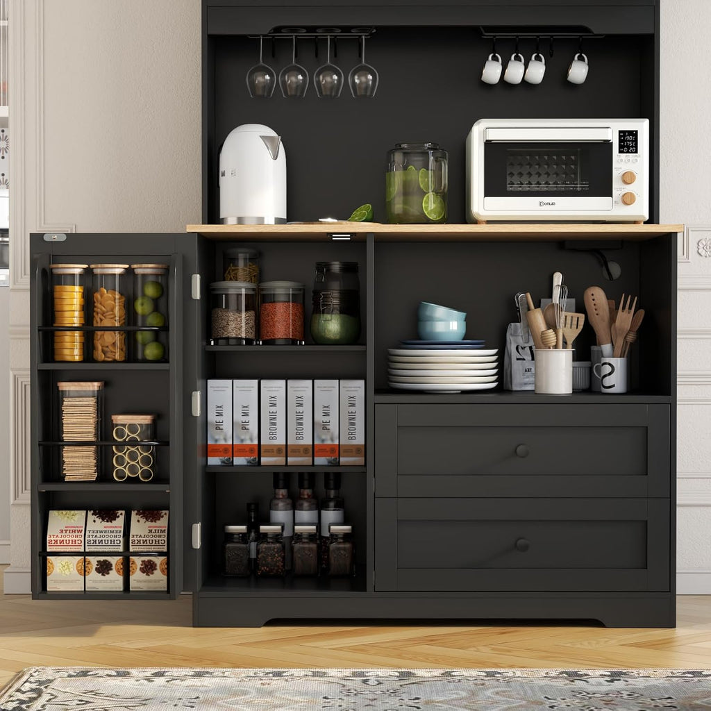 68"Tall Kitchen Pantry Storage Cabinet with Charging Station, Door & Shelf | Upgrade Pantry Cabinet with Wine & Glass Holder, Kitchen Hutch Cabinet with Microwave Stand, for Kitchen (Black)
