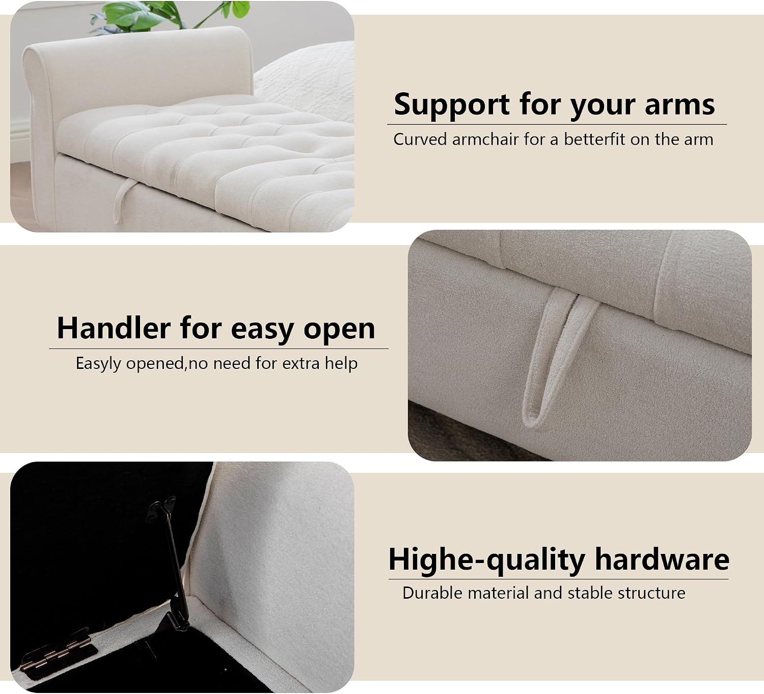 66" End of Bed Storage Bench King Size Beige,Napped Fabric Window Bench with Dual-Opening Compartments,Long Tufted Storage Bench Living Room,Bedroom,Entryway