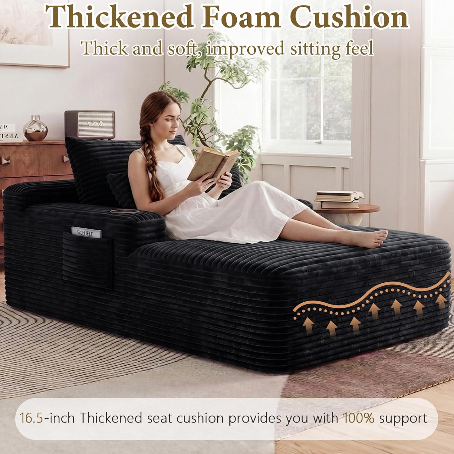 65" L Oversized Chaise Lounge Chair Indoor,Comfy Reading Chair with Cup Holder & Side Pockets,Corduroy Fabric Single Cloud Sofa Chair for Living Room & Bedroom,No Assembly, Black