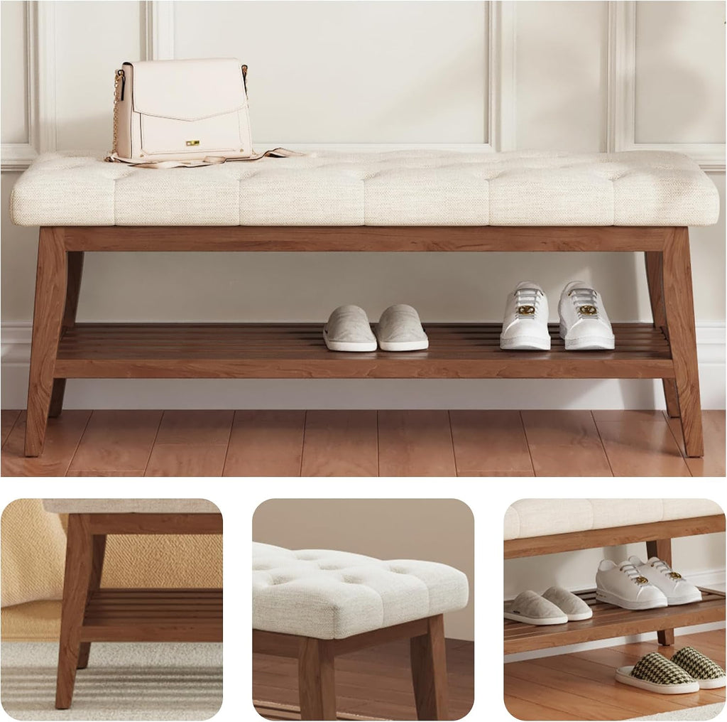 LEILISI Entryway Bench with Storage, Linen Upholstered Bench(Beige, 39.4'')
