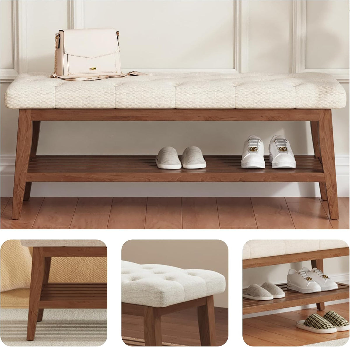 LEILISI Entryway Bench with Storage, Linen Upholstered Bench(Beige, 39.4'')
