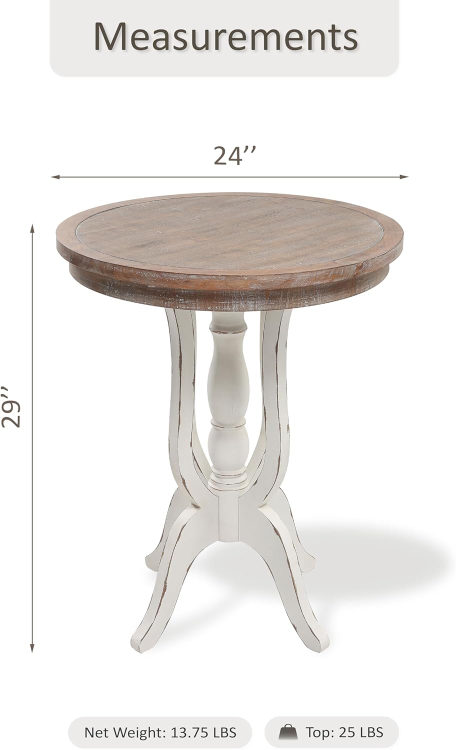 Farmhouse Accent End Table, Rustic Side Table with Natural Top for Family, Dining or Living Room, Handcrafted Finish, White