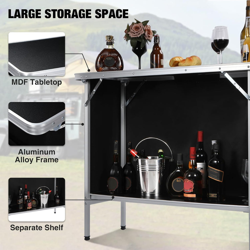 43" Long Portable Bar Table with Remote-Controlled Multi-Color LED Lights, Foldable Mobile Bartender Table for Party, 43"x33"x15" Storage Shelf, Waterproof MDF Top & Removable Skirt (Black)