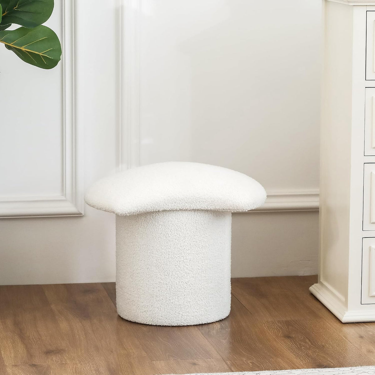 Homebeez Teddy Velvet Modern Round Ottoman, Small Footstool with Padded Seat, Upholstered Vanity Foot Rest Stool Chair for Entryway, Living Room, Bedroom, White