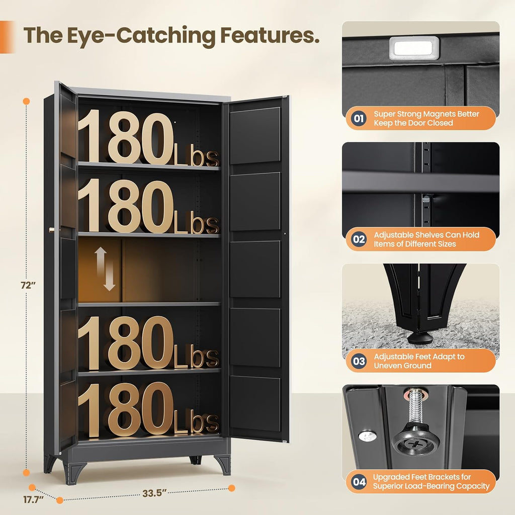 Yizosh Metal Pantry Cabinet,- 72" Black Kitchen Pantry Storage Cabinet with Doos and Adjustable Shelves for Kitchen, Living Room,Dining Room,Home