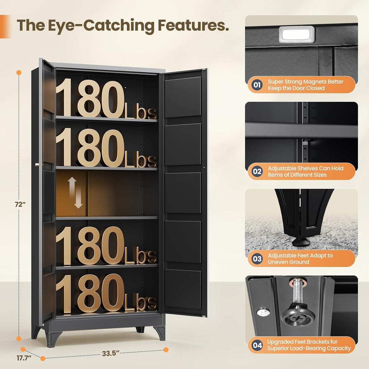 Yizosh Metal Pantry Cabinet,- 72" Black Kitchen Pantry Storage Cabinet with Doos and Adjustable Shelves for Kitchen, Living Room,Dining Room,Home