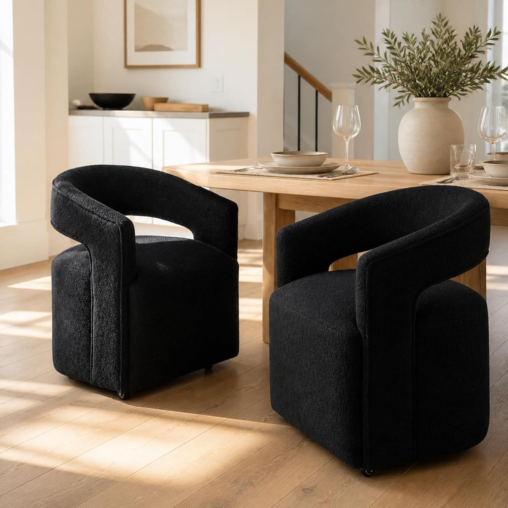 LukeAlon Sherpa Dining Chairs Set of 2, Modern 360° Swivel Kitchen Chairs with Casters Barrel Open Back Side Chairs Upholstered Dinner Chair for Dining Room Living Room, Black
