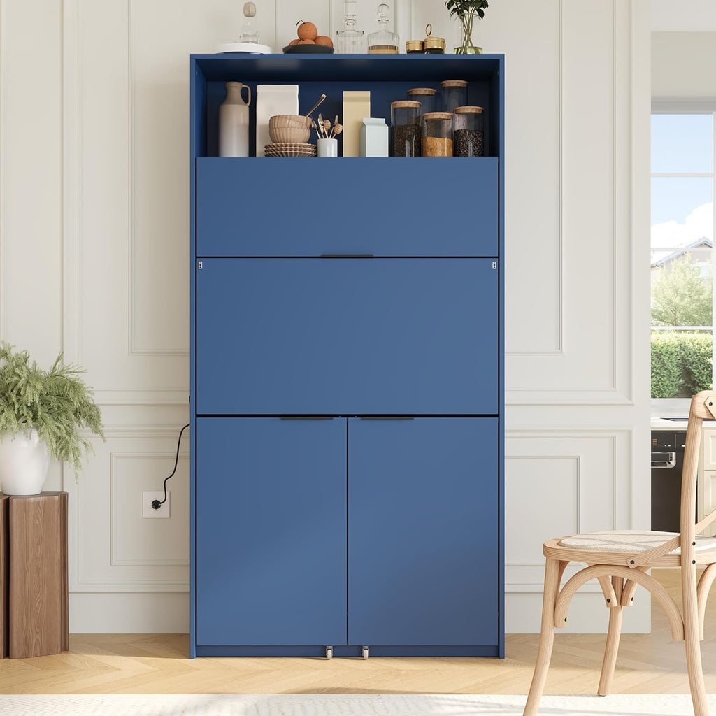 Compact Kitchen Pantry,69''H Buffet with Hutch and Foldable Workstation,Storage Cupboard with Adjustable Shelf and Power Outlet for Dining, Living Room (Dark Blue-f)