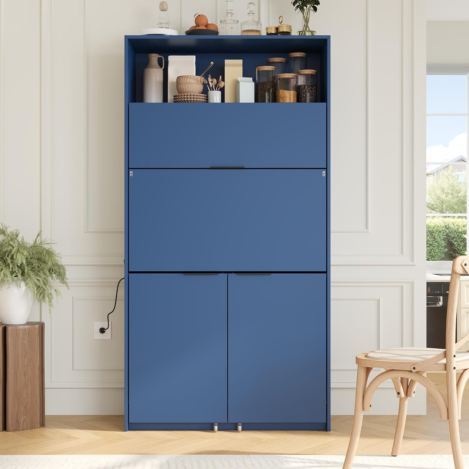 Compact Kitchen Pantry,69''H Buffet with Hutch and Foldable Workstation,Storage Cupboard with Adjustable Shelf and Power Outlet for Dining, Living Room (Dark Blue-f)