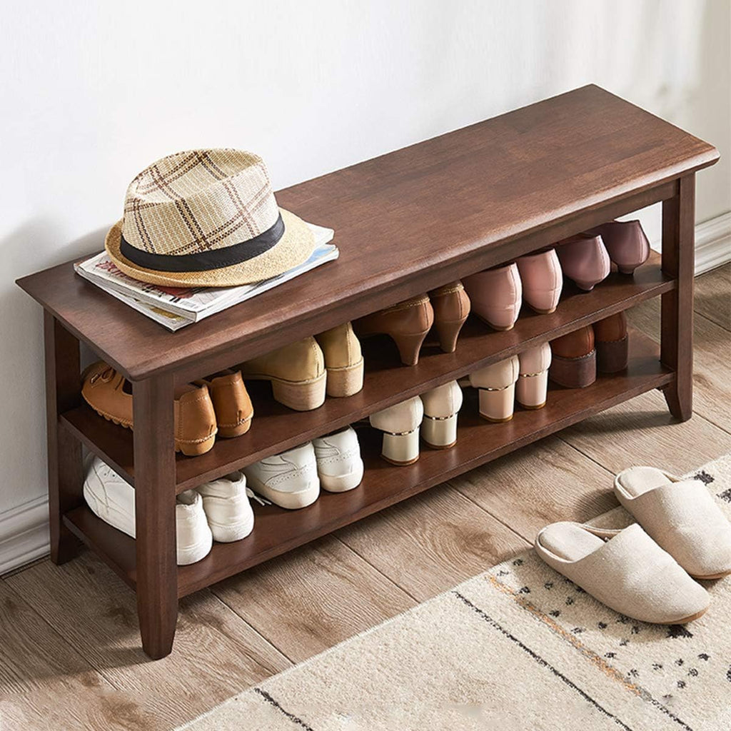XKZG Shoe Rack Bench Wooden Shoe Storage Bench Entryway Bench, Brown, 39.4" | Rubber wood, Shoe Bench for Entryway, Living Room, Bedroom, Balcony, 39.4"W x 11.8"D x 16.5"H