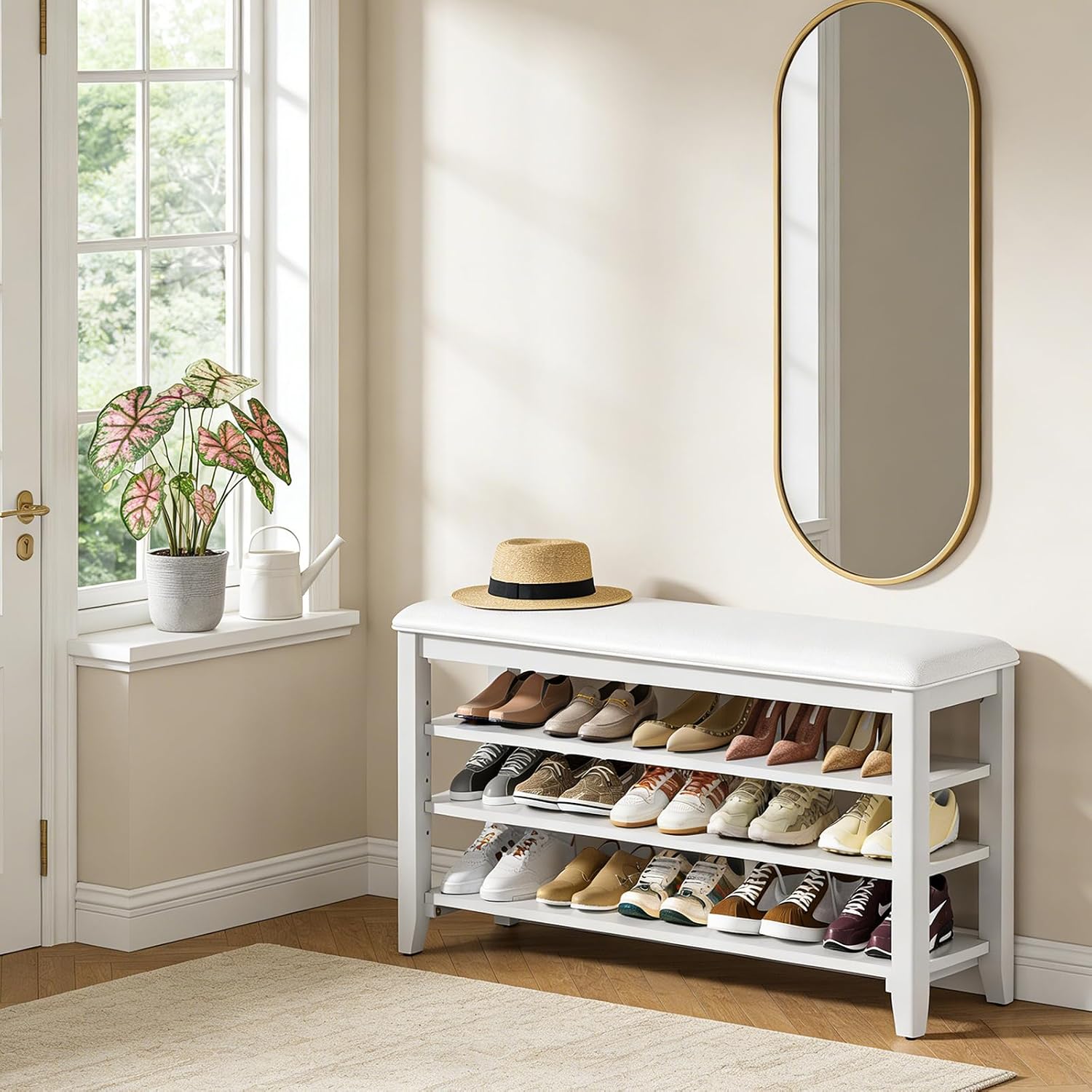 Shoe Rack Bench Entryway Storage with Leather Cushion, Shoe Organizer Bench for Entryway, Ideal for Front Doors Entrances Hallway Mudroom Featuring Rubberwood And 3 Height-Adjustable Removable Shelve