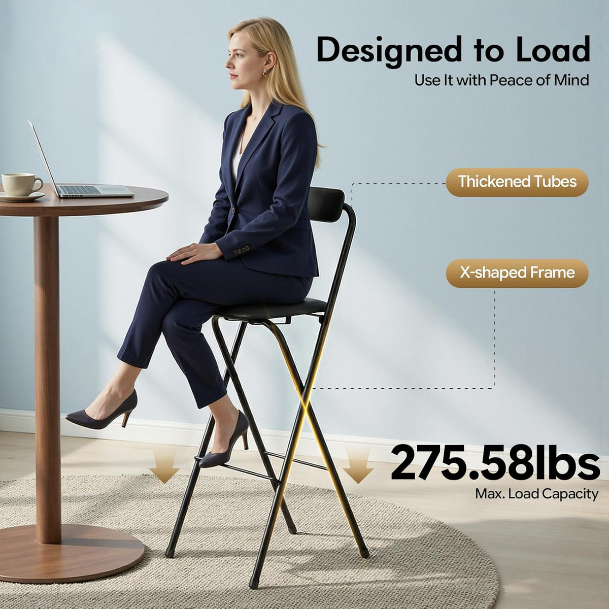 Folding Bar Stool with Back, 30 Inch Tall Foldable Bar Chair with Backrest Sponge Cushion, Counter Height Portable Folding Stool, for Kitchens Dining Rooms Bars Cafes (Black, 1Pcs)