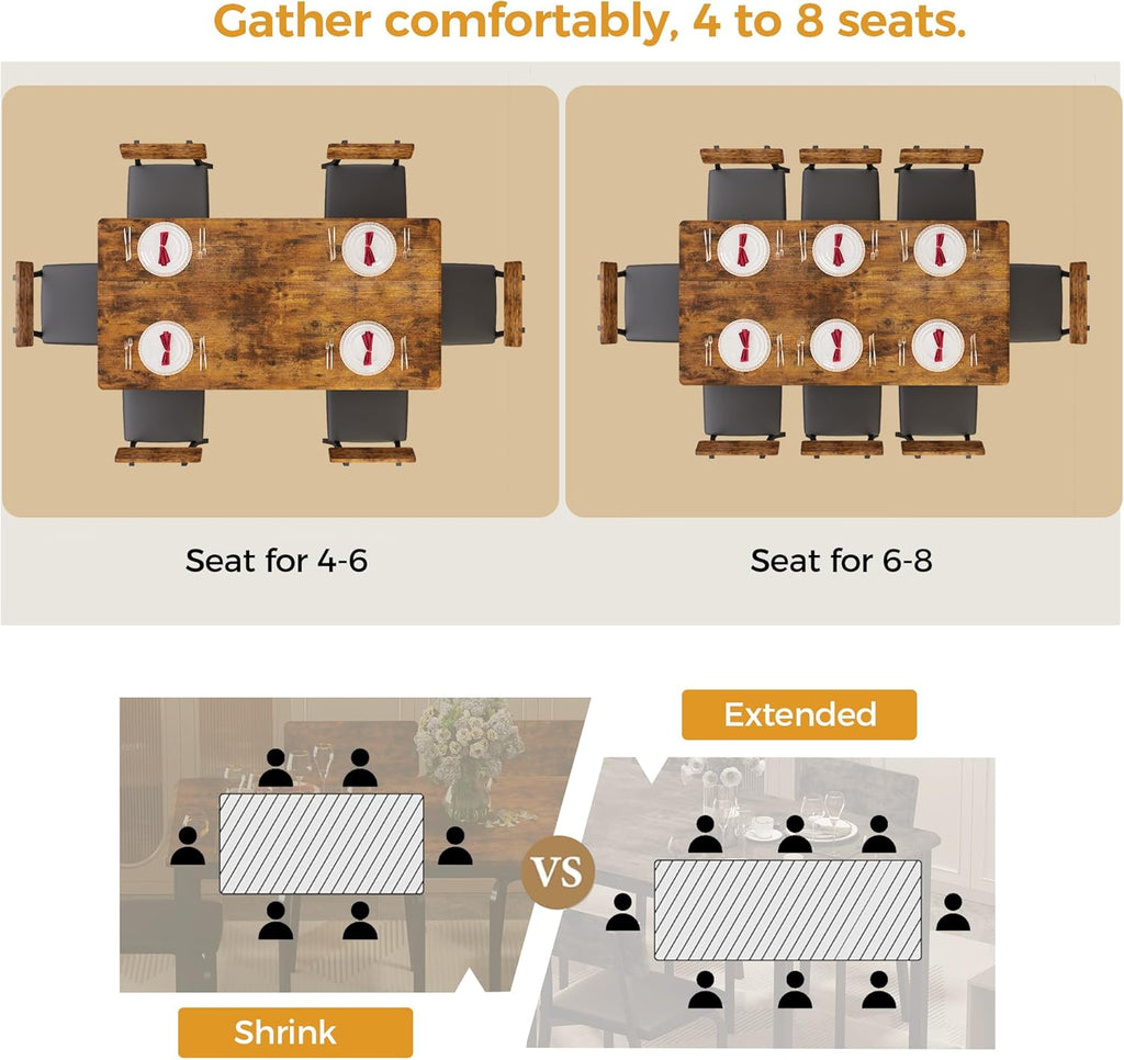 IRONCK 5-Piece 63" Extendable Dining Table with 4 Upholstered Chairs, Kitchen Table Set for 4-8 People, Dining Room Sets with MDF Wood Board, Drop Leaf Table Design for Space Saving, Rustic Brown