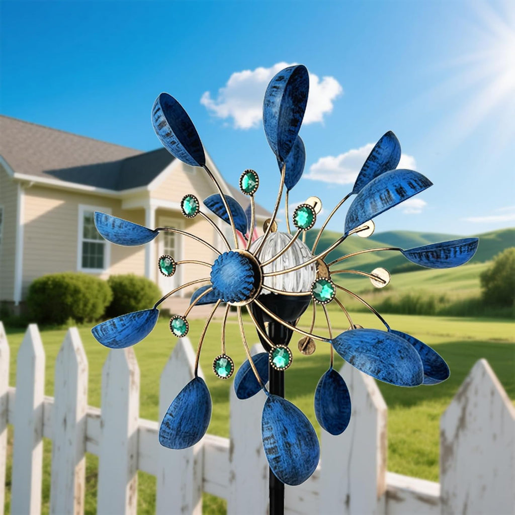 NUENUN Wind Spinner Outdoor Metal - Multi-Color Seasonal LED Lighting Solar Powered Glass Ball with Kinetic Wind Spinner Dual Direction for Patio Lawn & Garden (Blue with Light)