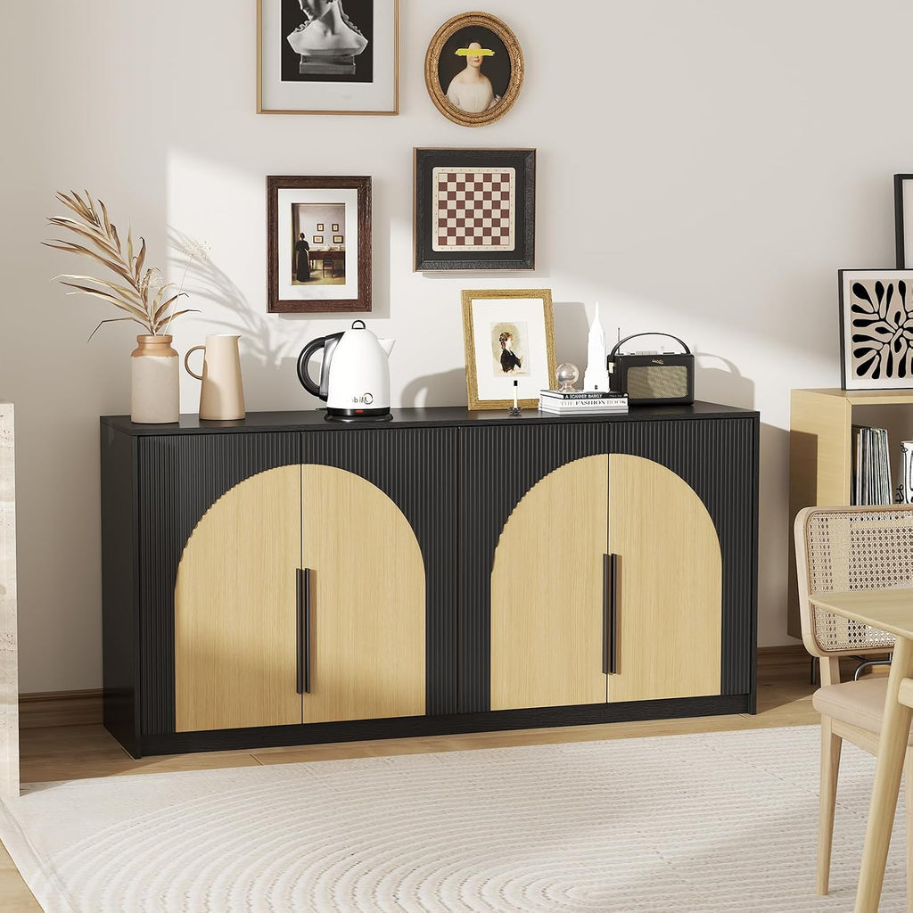 65 Inch Fluted Buffet Cabinet with Storage Symmetrical Arc Accent Sideboard Large Console Table for Dining Room Kitchen and Living Room (Camel)