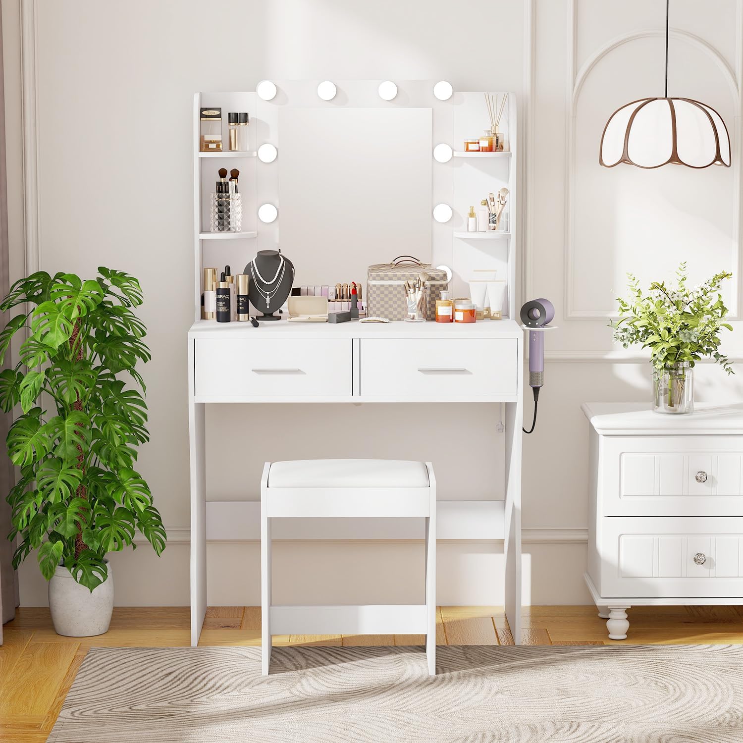 ‌FDW Vanity Desk with Mirror and Lights, 2-Drawer Makeup Vanity Desk with 3 Adjustable Light Colors, 6 Shelves and Power Outlets for Bedroom, White