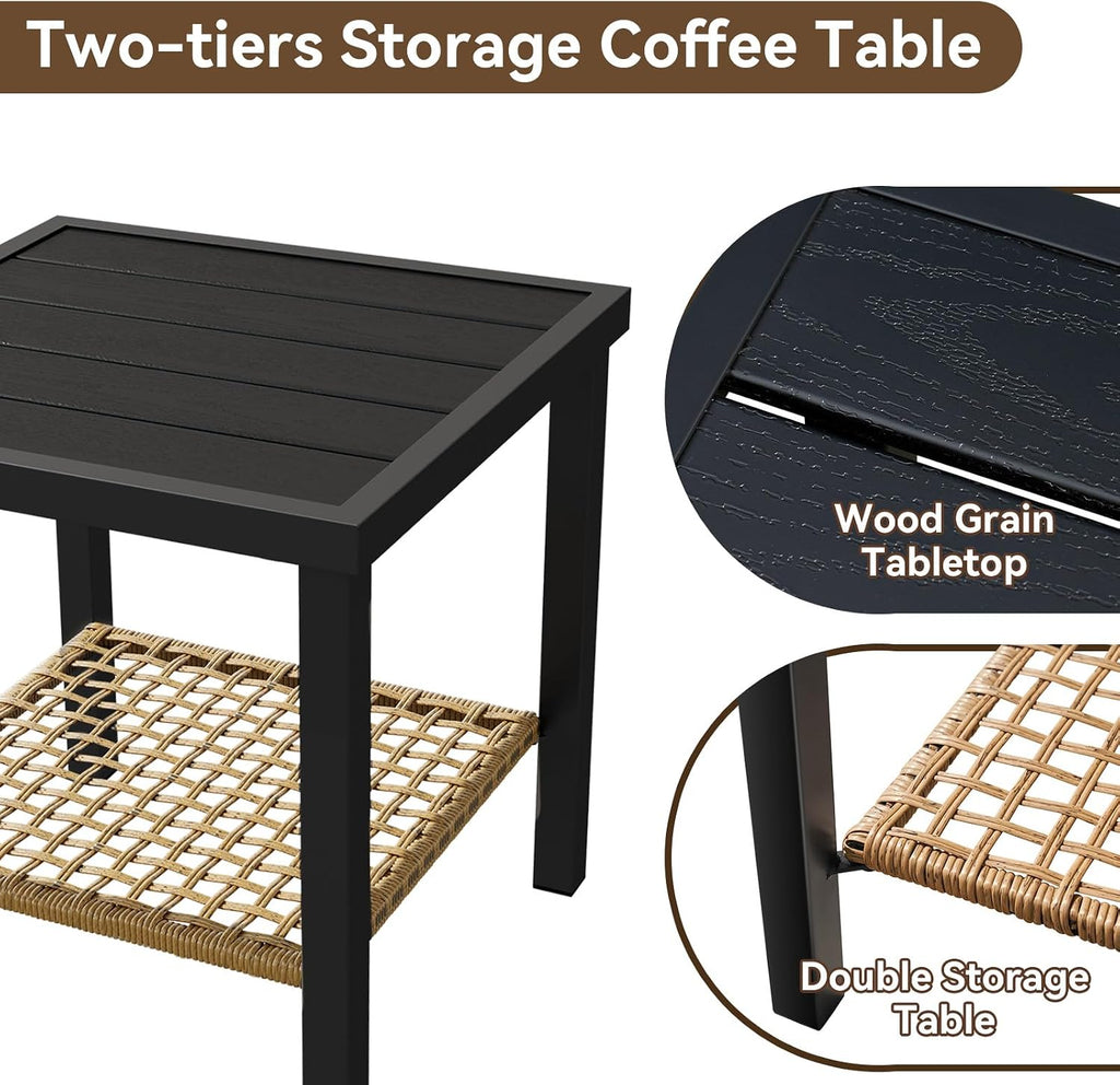 Aoxun 3 Piece Outdoor Rocking Chairs Bistro Set, Rattan Patio Furniture with Thick Cushions & 2-Tier Coffee Table, Patio Rocking Chairs Set of 2 for Garden, Porch, Balcony Black
