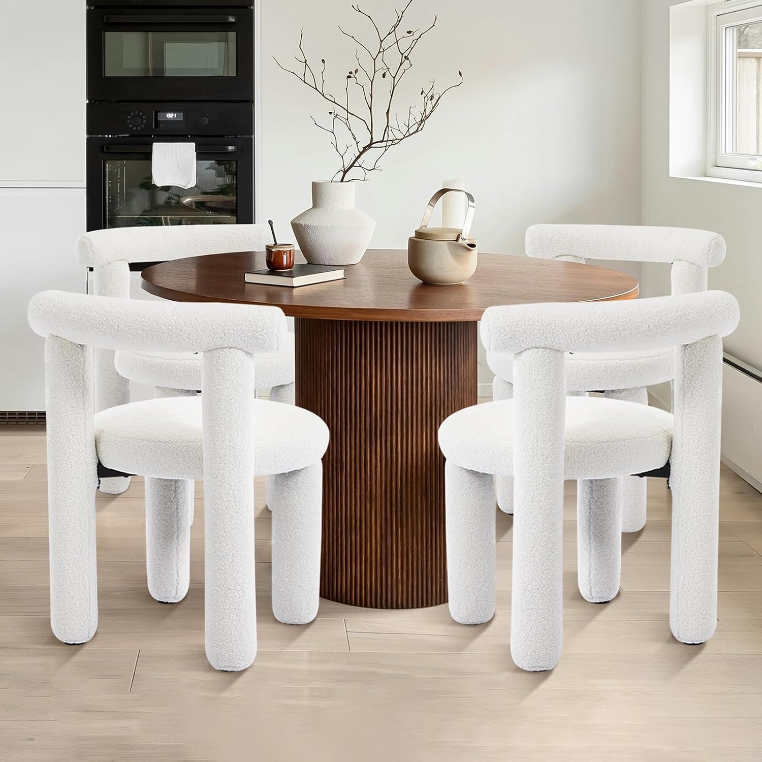 Sherpa Armless Dining Chair Set of 2, White | Curved Back,Pet Friendly Fabric,Tucks Under Table,Footpads Protect Floor,for Kitchen＆Dining