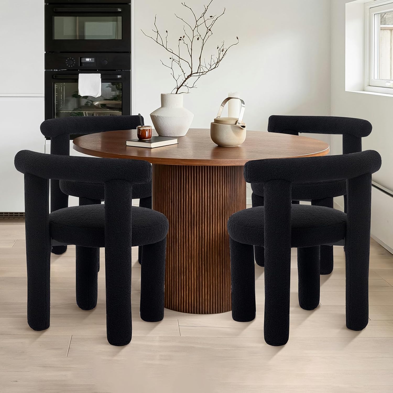 Black Sherpa Dining Chairs Set of 2, Armless Upholstered Boucle Kitchen Chairs with Backs Comfy Accent Side Chair for Living Room, Dining Room, Reception