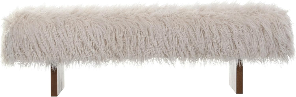 Christopher Knight Home Lenka 67" Long-haired Faux Wool Bedroom Bench, Rubberwood Ottoman Bench, Spacious Seating, Long Footstool for Living Room, Luxury Entryway Bench, Brown+Beige