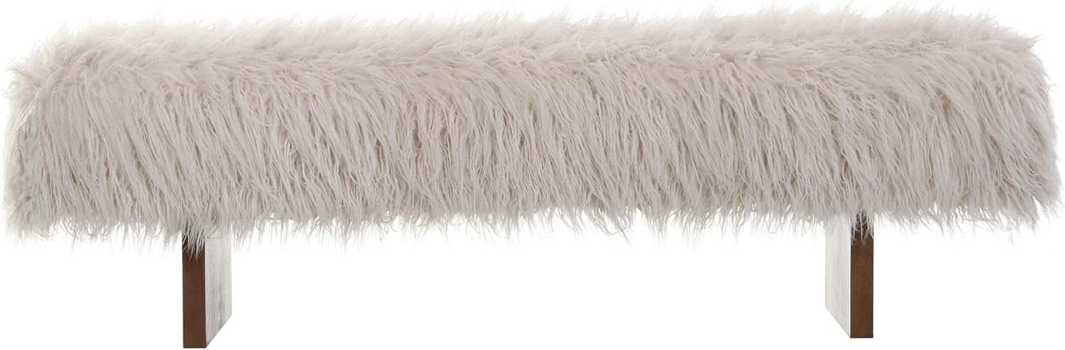 Christopher Knight Home Lenka 67" Long-haired Faux Wool Bedroom Bench, Rubberwood Ottoman Bench, Spacious Seating, Long Footstool for Living Room, Luxury Entryway Bench, Brown+Beige