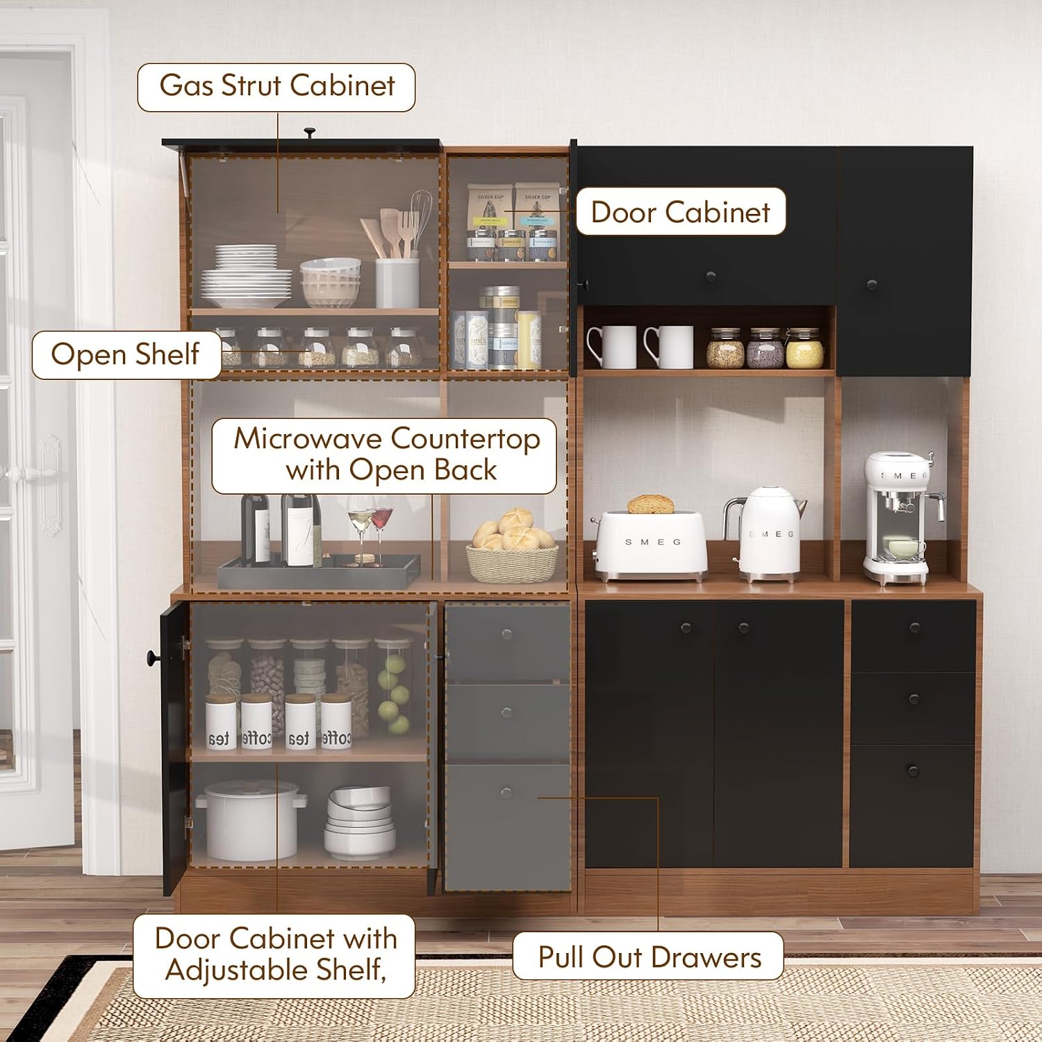71" Large Kitchen Pantry Cabinet with Microwave Shelf, Wooden Tall Pantry Hutch with 3 Drawers, Adjustable Shelves, Farmhouse Kitchen Hutch Storage Cabinet for Dining Room (Walnut)