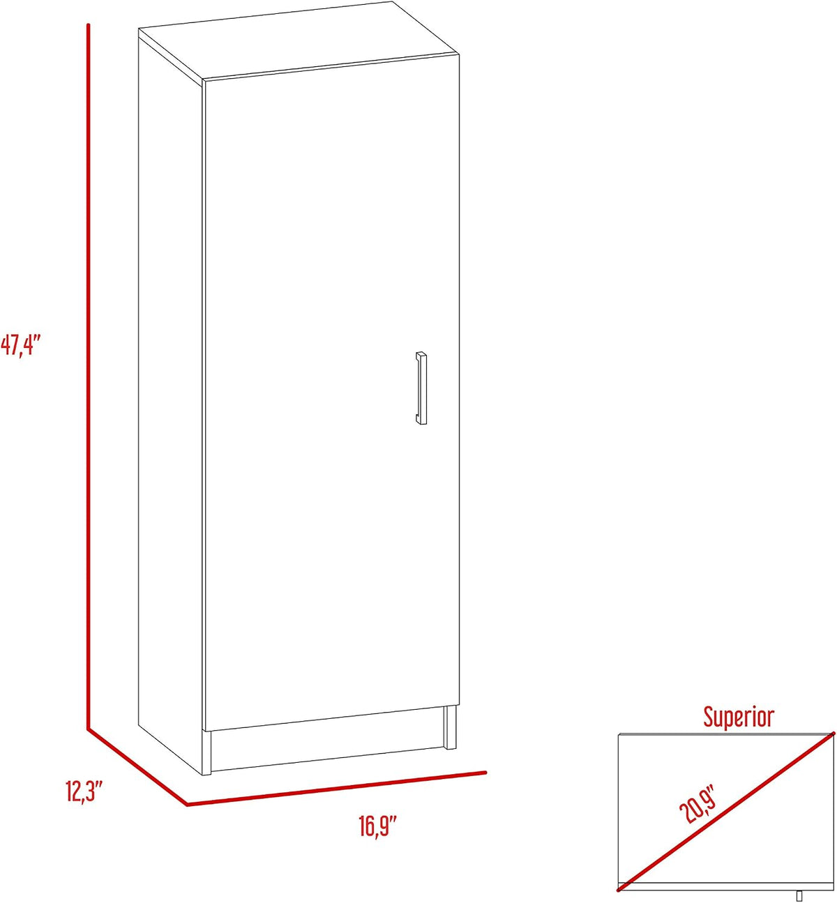 Kitchen Pantry 47" H, 1 Door Cabinet, 4 Interior Shelves, White