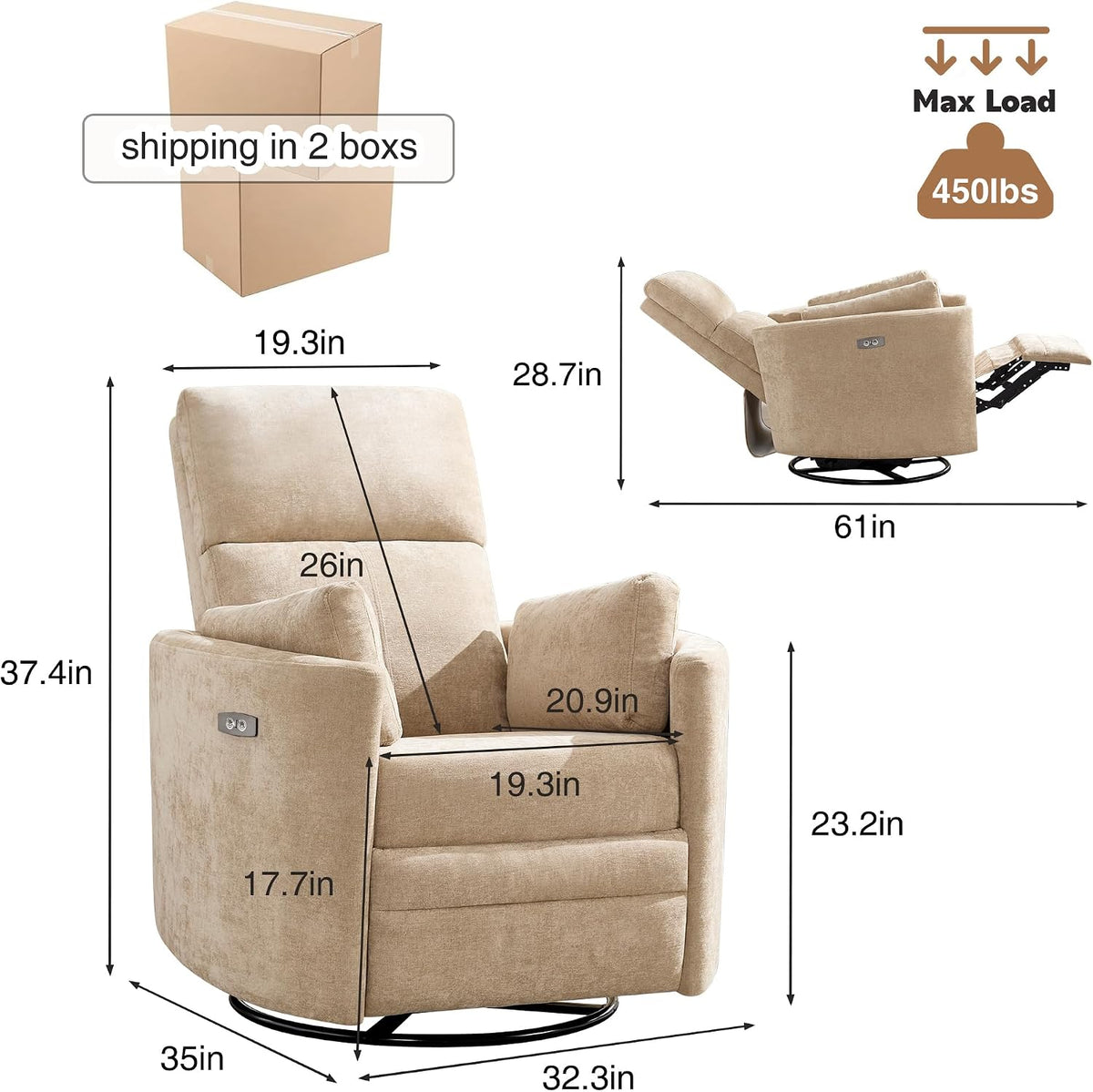 Power Recliner,Nursery Swivel Glider Rocking Chair with USB Port,Upholstered Adult Electric Recliner Rocking Chair with 2 Pillows for Living Room Bedroom (Khaki, Power-Driven)