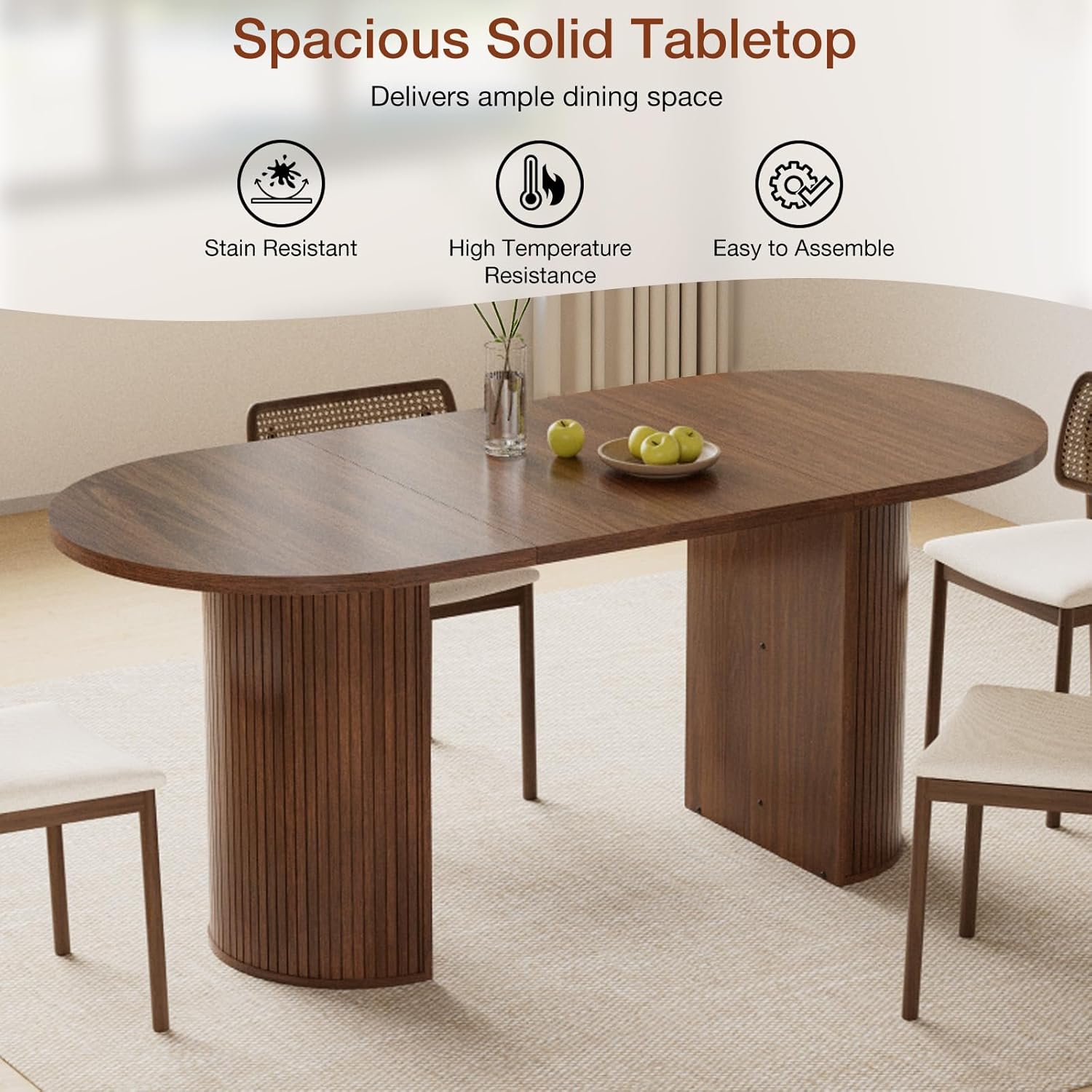 HOMMPA 70.8" Oval Dining Table for 4 6 Person Kitchen Table with Semi-Cylindrical Legs Base Large Wooden Round Dining Room Table Modern Farmhouse Dinner Tables for Kitchen Dining Living Room Walnut