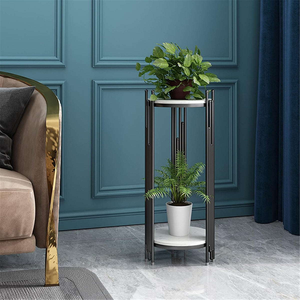 Marble Look -Tier Storage Telephone Table - Tall Slim Plant Stand, Stylish Round Side Table for Living Room, Patio Decor & Corner Bedside Table