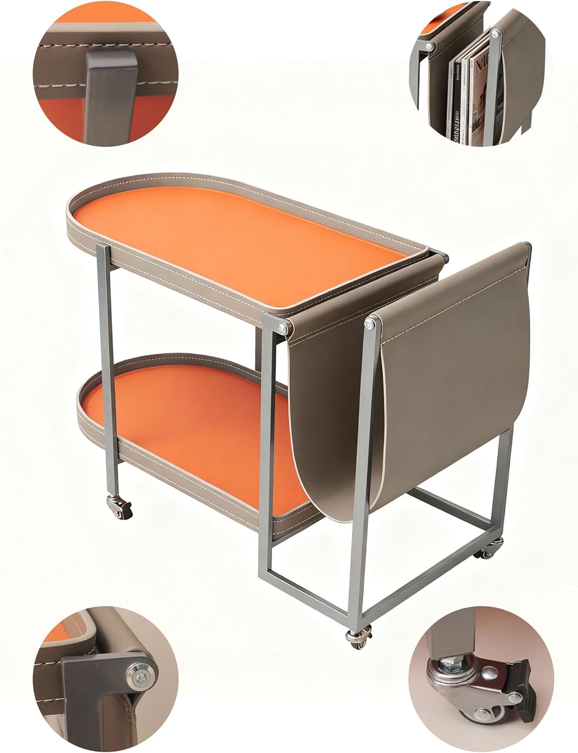 Modern Multi-Functional Side Table with 2 Tiers Storage Magazine Holder and Wheels for Living Room, Bedroom End Table with Books ShelvesElegant Design Easy to Move Perfect for Drinks, Decorations
