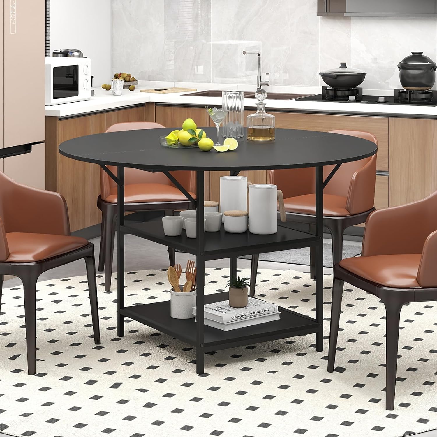 GOFLAME Round Dining Table for 4-6 People, 47” Kitchen Table with 2-Tier Storage Shelves and Heavy-Duty Metal Frame, Industrial Dinner Table for Kitchen, Dining Room, Apartment, Black