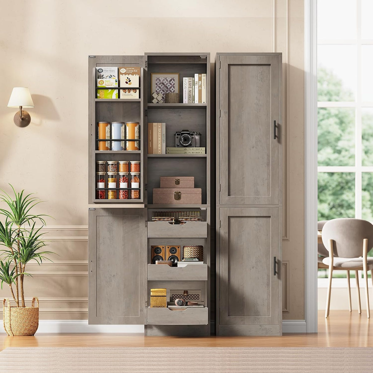 Itaar Narrow Kitchen Pantry Cabinet with 3 Door Shelves & 3 Drawer, Grey | Slim for Small Place, Adjustable Shelf, 71" Freestanding Linen Storage for Living Room, Kitchen, Bathroom