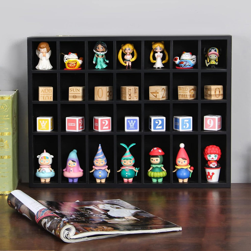 Black Shot Glass Display Case 18" x13" Solid Wood Wall Mounted Collection Cabinet 28 Slots Small Curio Cabinet Rack (No Door)
