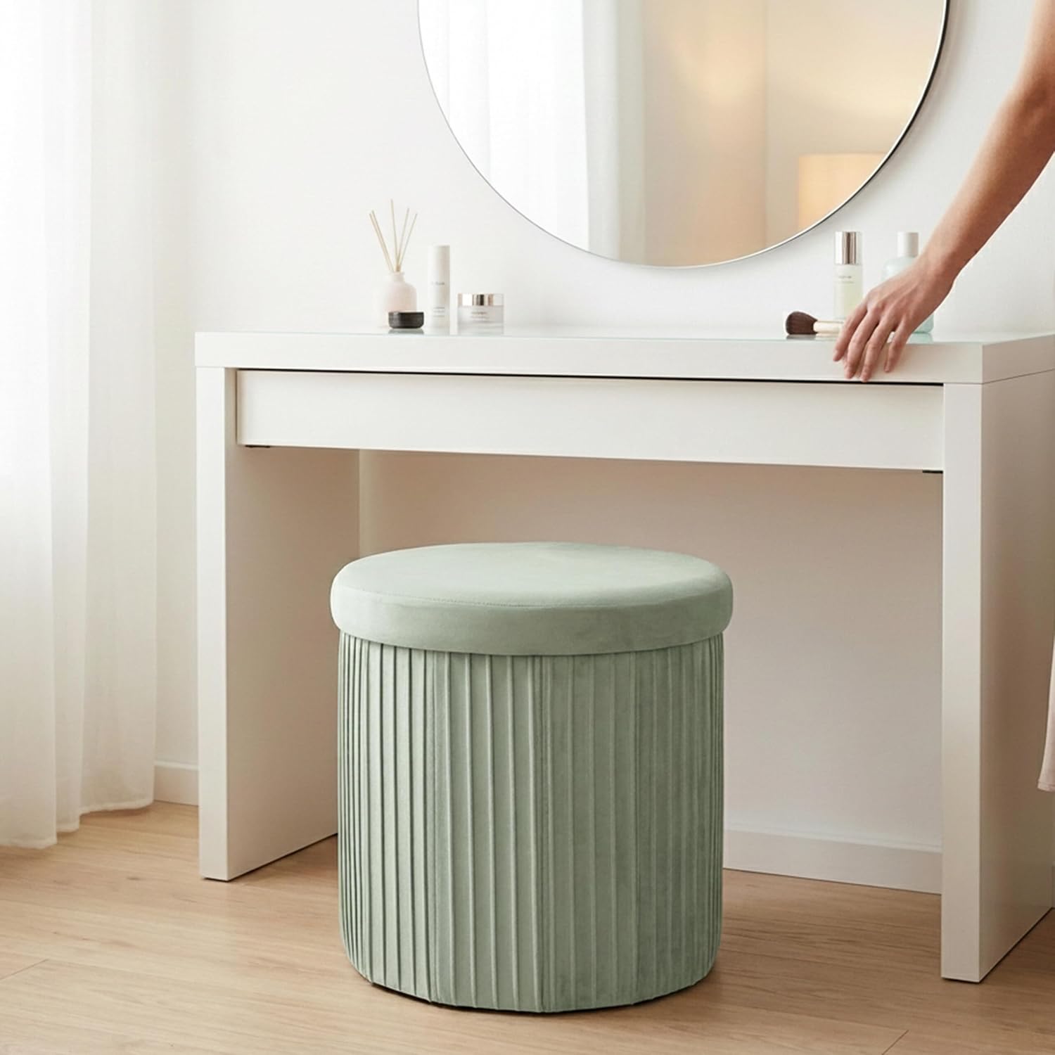 Relaxdays Velvet Stool with Storage Upholstered Foldable Height 38 x Depth 38 cm Round Side Stool Sage