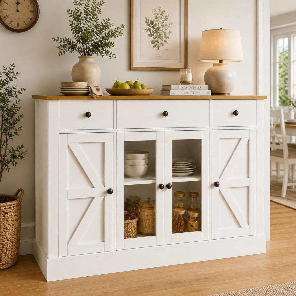 4 EVER WINNER 55" Large Buffet Cabinet with Storage, Coffee Bar Cabinet with 4 Doors and 3 Drawers, Kitchen Cabinet with Plexiglass Doors for Living Room, White