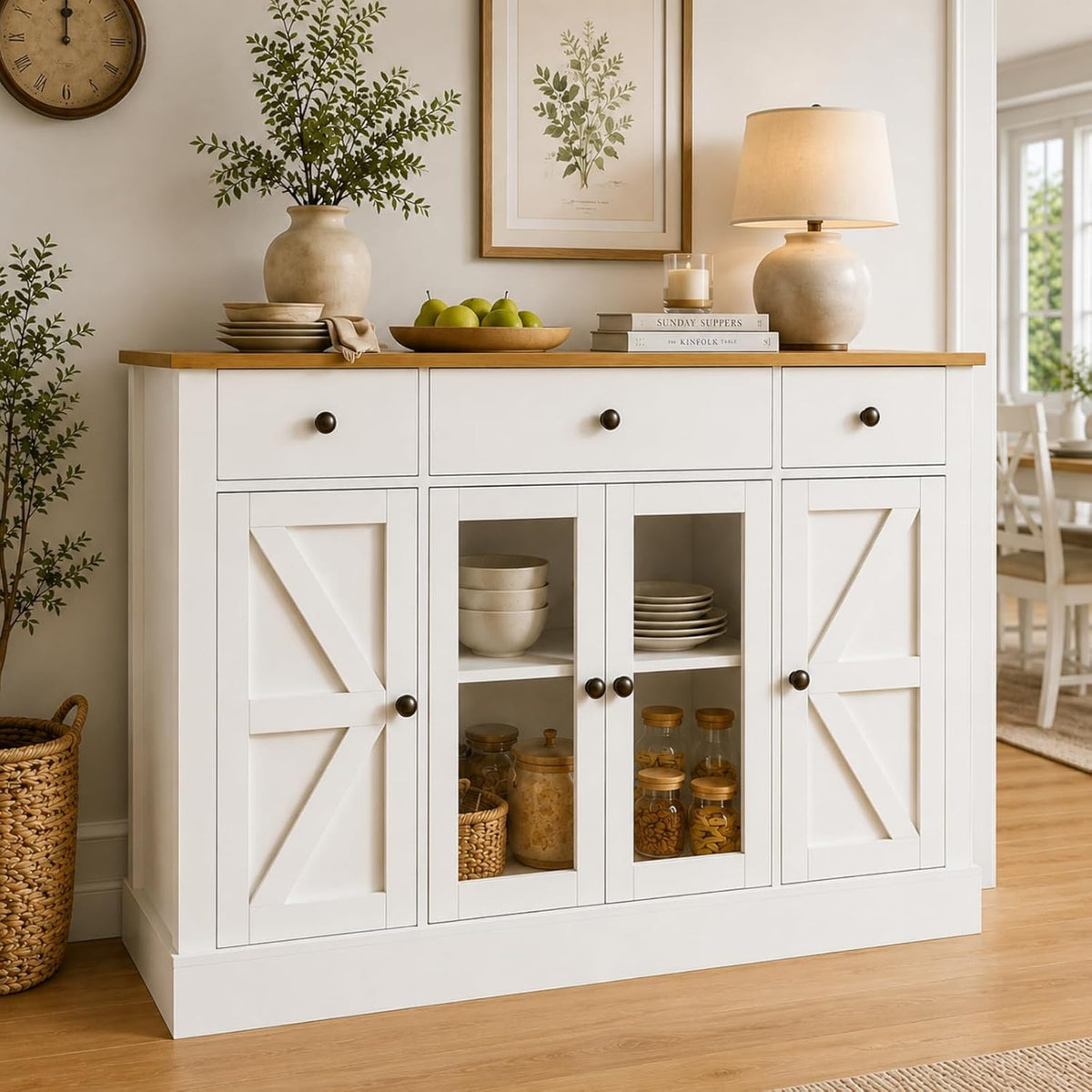 4 EVER WINNER 55" Large Buffet Cabinet with Storage, Coffee Bar Cabinet with 4 Doors and 3 Drawers, Kitchen Cabinet with Plexiglass Doors for Living Room, White
