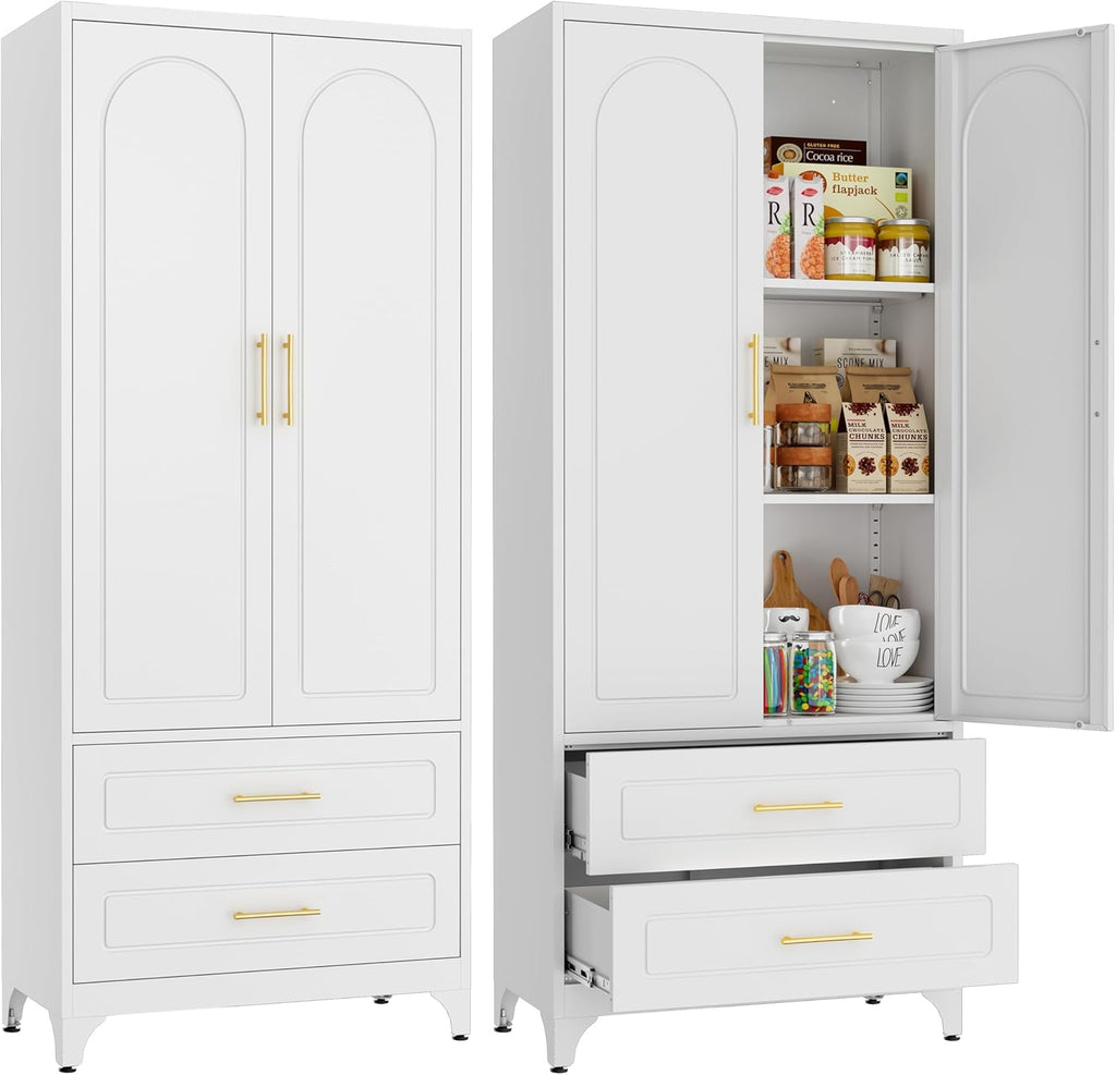 SteeLoong 75" Kitchen Pantry Cabinet,Metal Storage Cabinets with 2 Drawers,Pantry Cabinet with Doors and Shelves,White Tall Storage Cupboard for Living Room, Dining Room Office