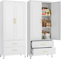 SteeLoong 75" Kitchen Pantry Cabinet,Metal Storage Cabinets with 2 Drawers,Pantry Cabinet with Doors and Shelves,White Tall Storage Cupboard for Living Room, Dining Room Office