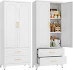 SteeLoong 75" Kitchen Pantry Cabinet,Metal Storage Cabinets with 2 Drawers,Pantry Cabinet with Doors and Shelves,White Tall Storage Cupboard for Living Room, Dining Room Office