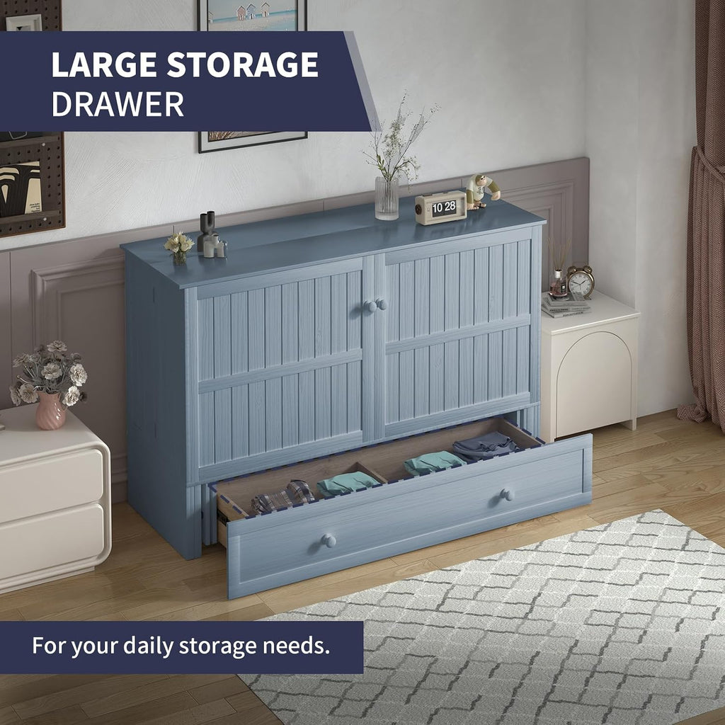 ijuicy Murphy Cube Bed Queen with Memory Foam Mattress-Grayish Blue | USB Charging, Extra Large Drawers, Side Storage for Guests/Room