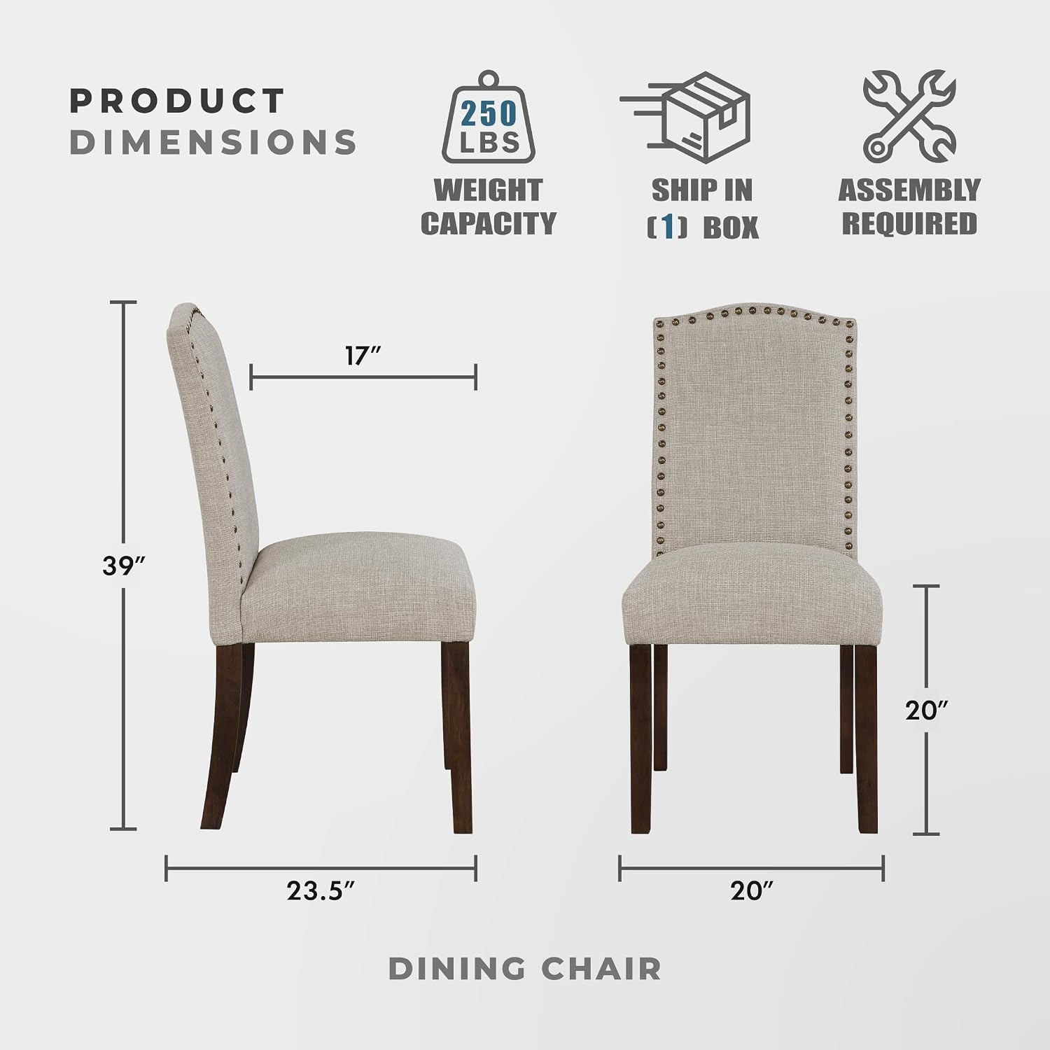 Lexicon Upholstered Dining Chairs Set of 2 - Soft Durable Fabric Armless Arched Back Kitchen Modern Dining Room Chairs for 2, Nailhead Trim Side, Brown Sturdy Wooden Frame, Easy Assembly, Taupe