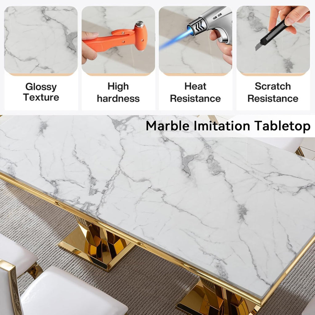 7 Piece Marble Dining Table Set for 6, Luxury Gold Kitchen Table and Chairs Set of 6, 68" White Marble Pedestal Dining Room Table with 6 PU Leather Chairs for Kitchen Dinette Furniture